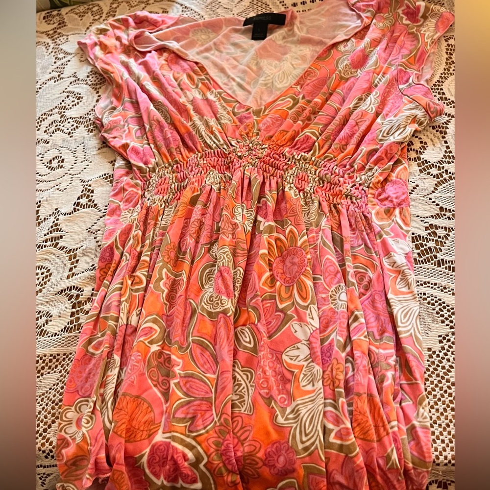 Express Pink and Orange Floral Midi Dress